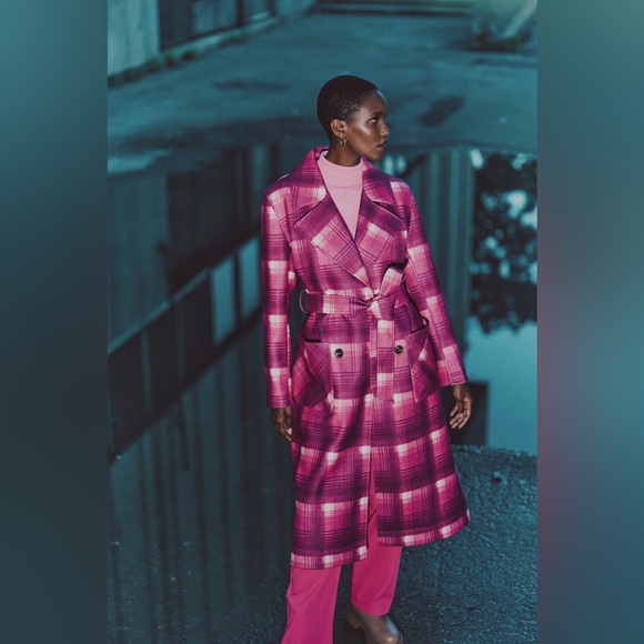Nwt Anthropologie belted trench coat plaid nwt fuchsia plaid - Picture 3 of 10